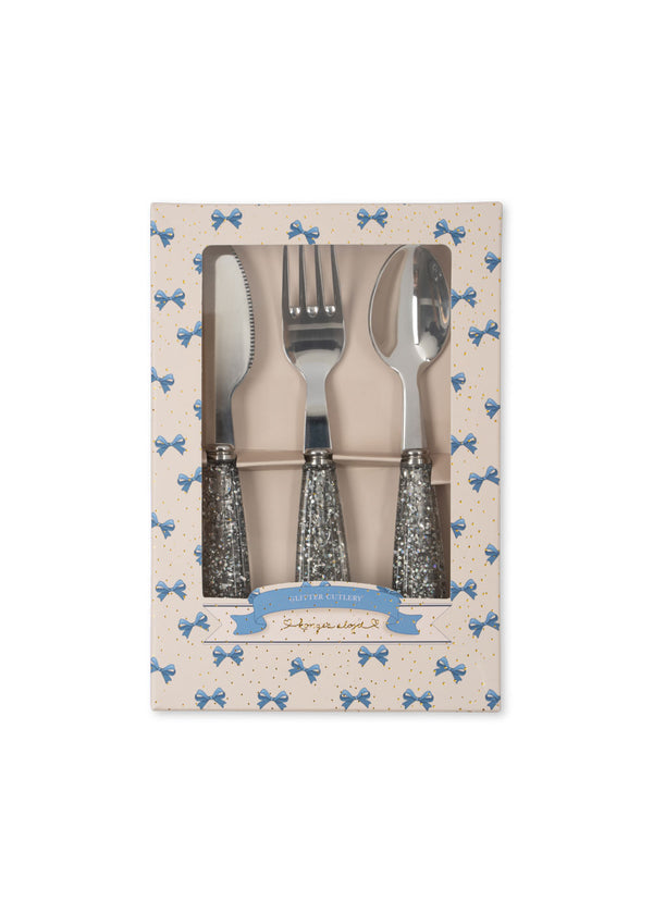 Konges Slojd - Kinderbesteck Glitter - Besteckset Löffel Gabel Messer mit glitzernden Griffen - Sparkling Blue