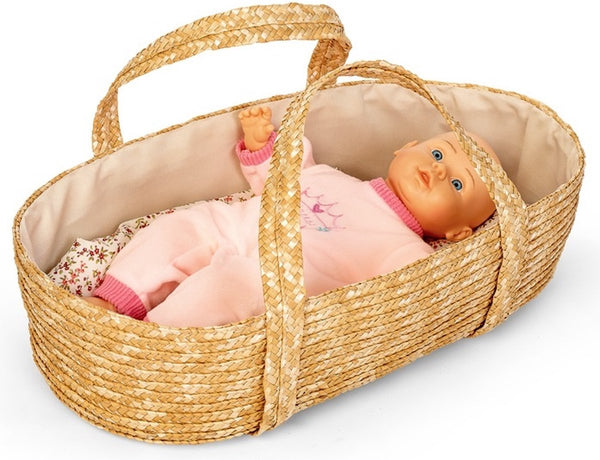 Mamamemo - Rieten Poppenreiswieg / Mozes mandje met bedsetje 50cm, Poppen Mozes mandje, Mamamemo, Keekabuu